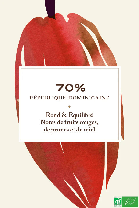Tablette chocolat noir 70% République Dominicaine Bio Encuentro, fruits rouges, miel, prune
