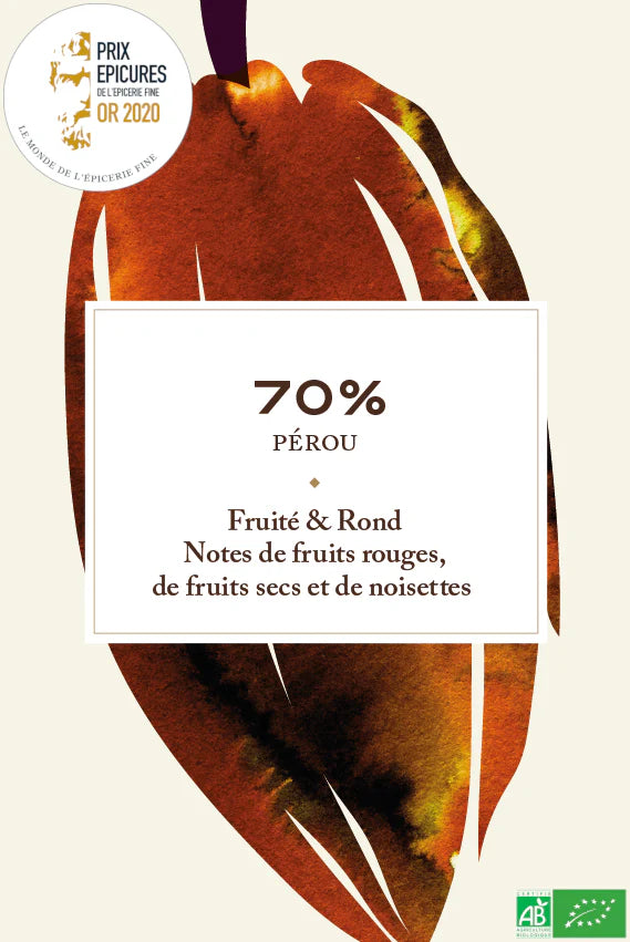 Tablette chocolat noir 70% origine Pérou Encuentro, chocolat bean to bar, prix epicures or 2020