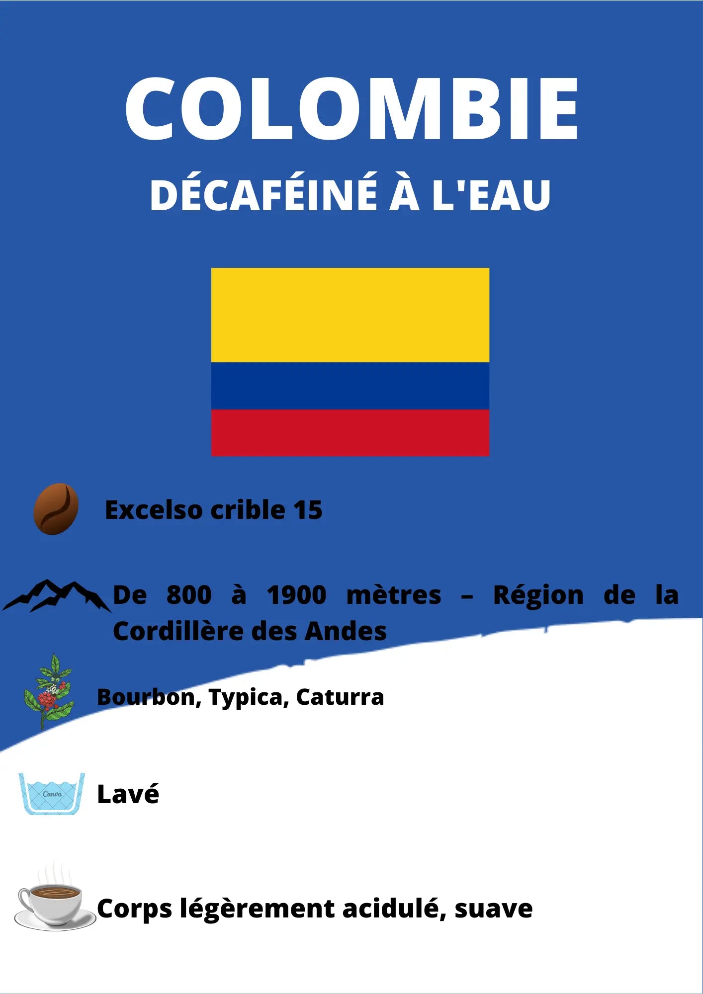 Café Colombie décaféiné à l’eau, excelso, café sans solvant, en grains ou moulu. Label made in marne